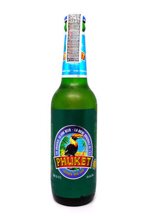 Bangkok ,Thailand : OCTOBER 2016 : Phuket lager beer isolated on white background. Phuket beer is a brand in Thailand.のeditorial素材