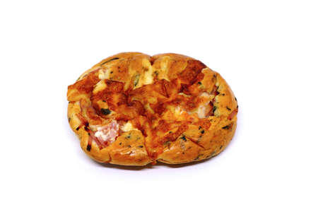 Spinach bread ham cheese on white backgroundの写真素材