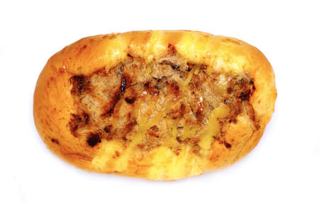 bread fill dried shredded pork and salt egg yolk on white backgroundの写真素材