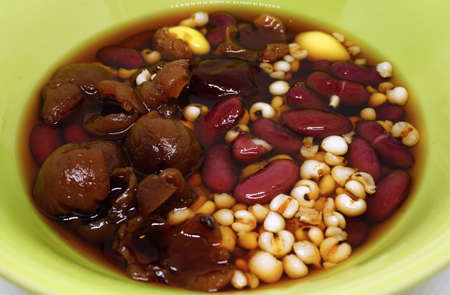 Longan, monkey apple, red bean, millet and gingko in syrup. Thai sweet dessert