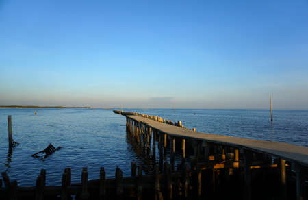 Man made wooden pole of sea wall stand on the Thai bayの写真素材