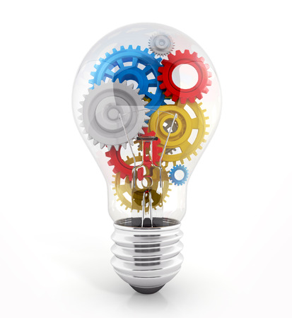 light bulb with gears in it. concept of process. 3d illustration isolated on whiteの写真素材