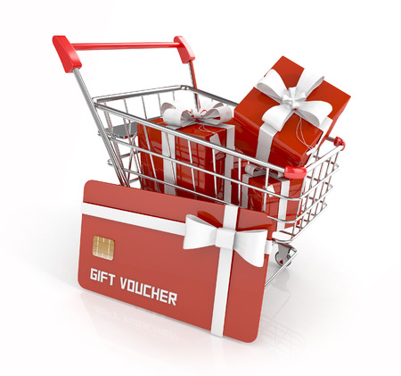 gift voucher, gift card with gift boxes and white ribbon in shopping cart, isolated on white background. 3d renderの写真素材