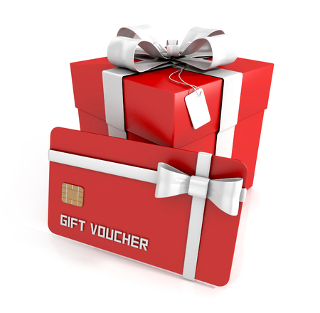 gift voucher, gift card with white ribbon, and gift box isolated on white background. 3d renderの写真素材