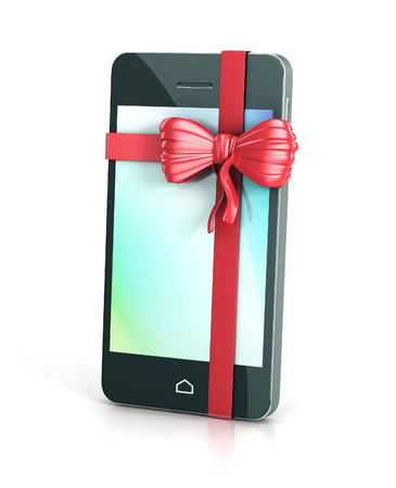 laptop with red bow isolated on white. 3d Illustration. gift conceptの写真素材