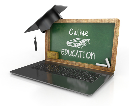 online education web concept. Laptop with chalkboard and sponge. 3d illustrationの写真素材