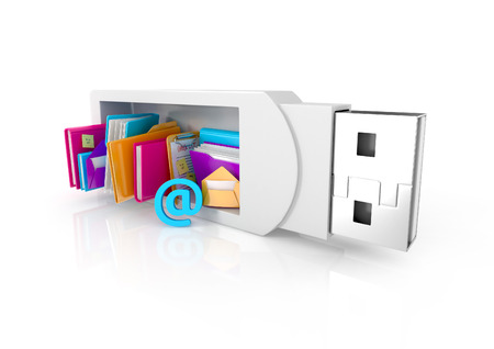 usb flash drive with folders, check list, sticky notes, and tools isolated on a white background. 3d illustrationの写真素材