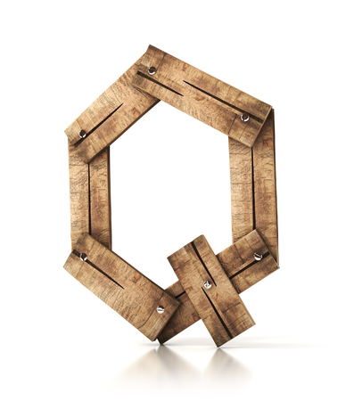 Single wooden Q letter isolated on the white background. 3d illustration. wooden font.の写真素材
