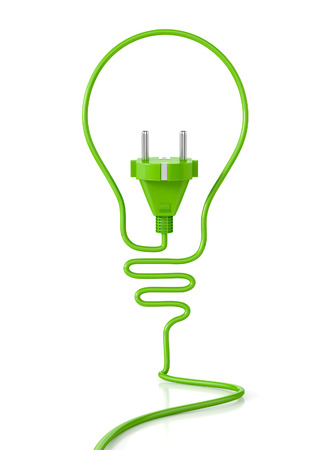 Eco bulb concept, with plug isolated on white background. 3d illustration. Green conceptの写真素材