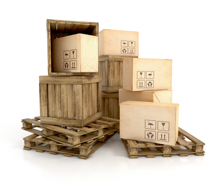 wooden crates on pallets with cardboard boxes with handle with care sign. 3d render illustration isolated on white backgroundの写真素材