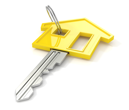 yellow house key. 3d illustration. housing concept isolated on white background.の写真素材
