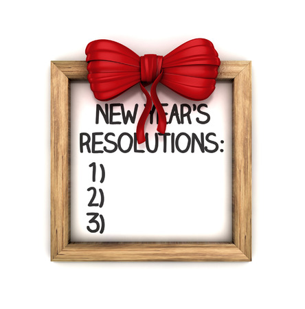 Wooden board with bow and new year's resolution list. 3d illustration on white backgroundの写真素材