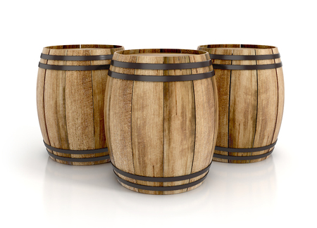 three wine barrels on white background. 3d illustrationの写真素材