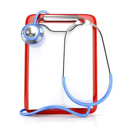 Blank medical clipboard and stethoscope, isolated on white background. 3d illustrationの写真素材
