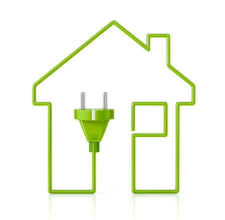 Renewable Energy concept. Green house with socket. 3d Render isolated on whiteの写真素材