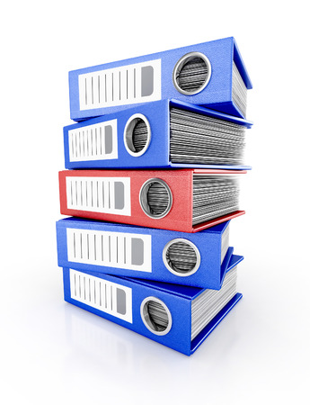 A pile of ring binders isolated on white background. files in database. 3d illustrationの写真素材