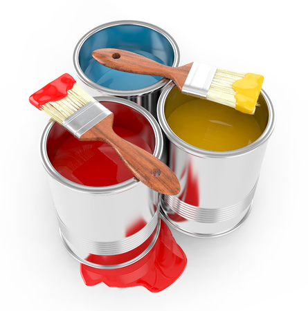 paint can with paintbrushes and paint isolated on white background. 3d illustrationの写真素材