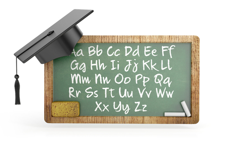 Graduation Cap and Green Chalkboard with Alphabet. 3d illustrationの写真素材