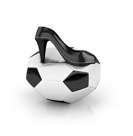 deflated soccer ball with high heel on it. 3d illustrationの写真素材