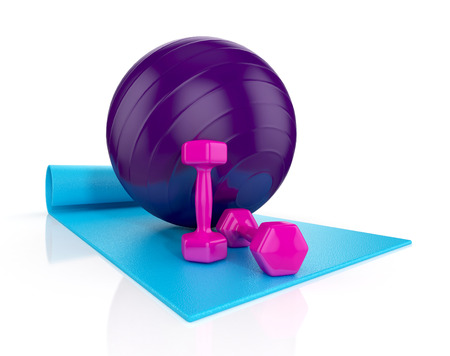 blue exercise mat with pink weights and fitness ball isolated on white background. 3d illustrationの写真素材