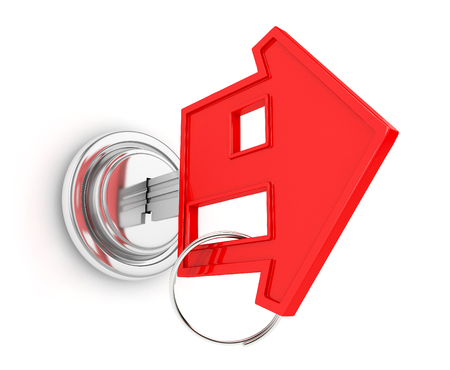 key in shape of house, in keyhole isolated on white background. 3d illustrationの写真素材