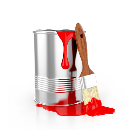 paint can with paintbrush and dripping red paint isolated on white background. 3d illustrationの写真素材