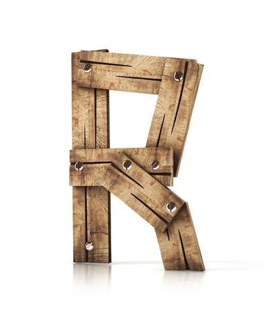 Single wooden R letter isolated on the white background. 3d illustration. wooden font.の写真素材