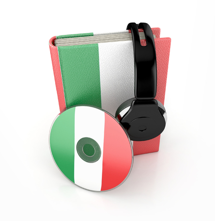 Audiobook Italian language learning concept. Book, cd and headphones 3d render.の写真素材