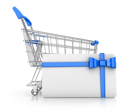 gift card with blank space for text and shopping cart, isolated on white background. 3d renderの写真素材