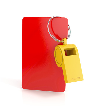 red card, and a whistle isolated on white background. football concept. 3d illustrationの写真素材