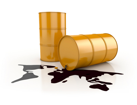 oil spill in planet shape and yellow barrels. 3d illustration isolated on whiteの写真素材