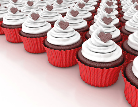 chocolate birthday cake in shape of number six with cupcake and lit candle. 3d render. illustration isolated on white backgroundの写真素材