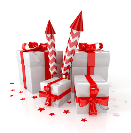 gift boxes with red rocket fireworks on white background 3d illustrationの写真素材
