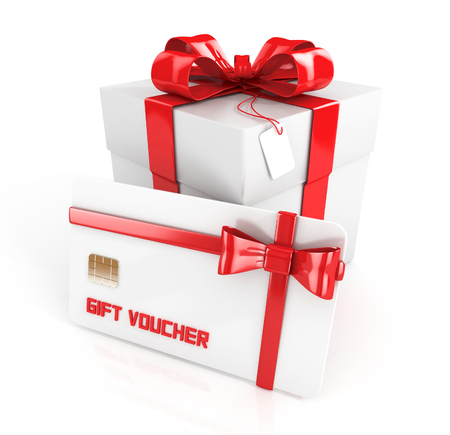 gift voucher, gift card with gift box and red ribbon, isolated on white background. 3d renderの写真素材