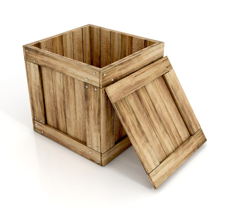 open wooden crate. 3d illustration isolated on white backgroundの写真素材