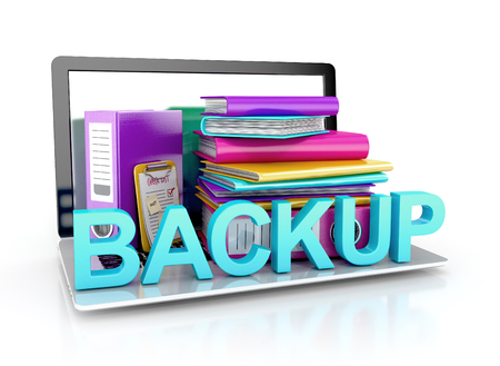 backup concept. files in database, folders, books with laptop. 3d illustration isolated on white backgroundの写真素材