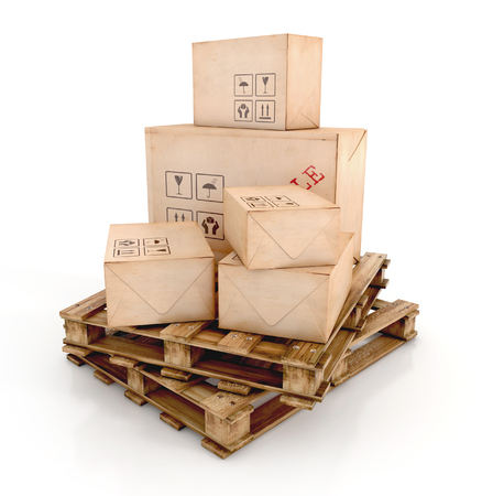 Cargo, delivery and transportation industry concept. Cardboard boxes on wooden pallets isolated on white background. 3d illustrationの写真素材