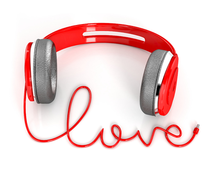 Red Headphones with love shape cable. 3d illustration isolated on whiteの写真素材