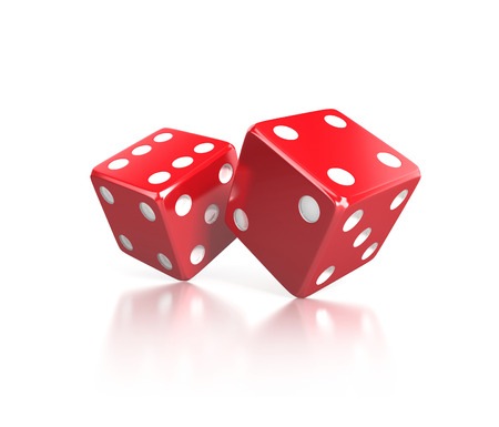 pair of red dices, gaming concept, 3d illustration isolated on white backgroundの写真素材