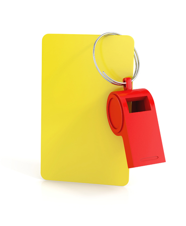 yellow card, and a whistle isolated on white background. football concept. 3d illustrationの写真素材