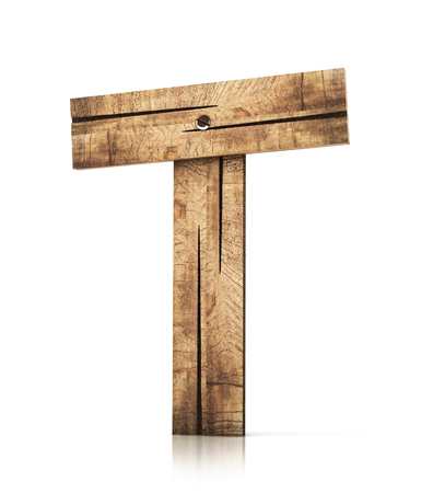 Single wooden T letter isolated on the white background. 3d illustration. wooden font.の写真素材