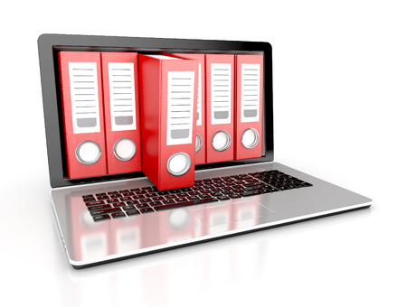 files in database - laptop with ring binders. 3d illustration isolated on white backgroundの写真素材