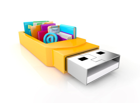 usb flash drive with folders, books, check list, sticky note, and tools, isolated on white background. 3d imageの写真素材