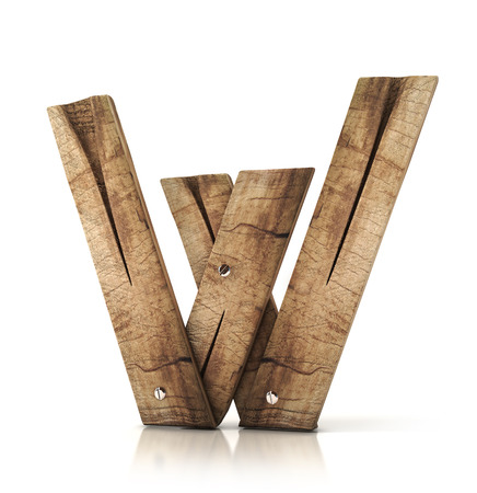 Single wooden W letter isolated on the white background. 3d illustration. wooden font.の写真素材