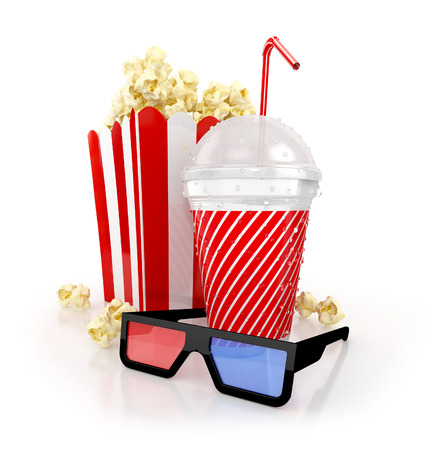 popcorn, paper cup with red drinking straw and 3d glasses. cinematography concept. 3d render isolated on white backgroundの写真素材