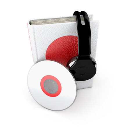 Audio Book. Japanese learning concept with cd, book and headphones. 3d render.の写真素材