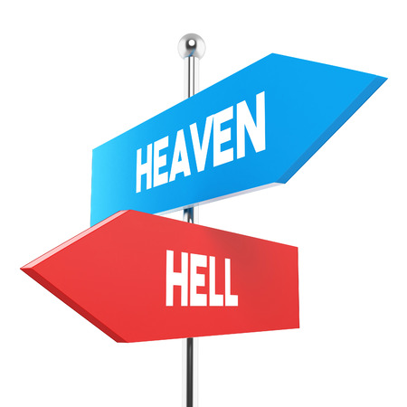 two road signs - heaven hell directionの写真素材