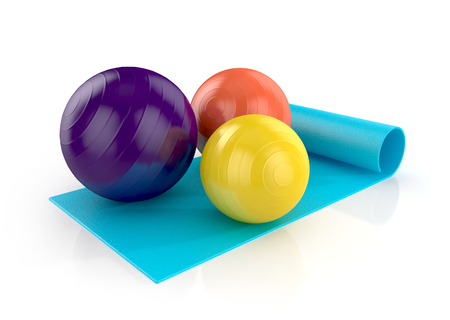 blue exercise mat with colorful fitness balls isolated on white background. 3d illustrationの写真素材