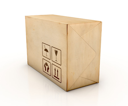 Cardboard box. Delivery concept. 3D Iillustration isolated on white backgroundの写真素材