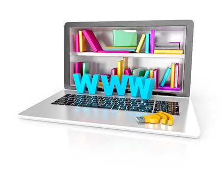 bookshelf inside computer. e-library concept isolated on white background. 3d renderの写真素材